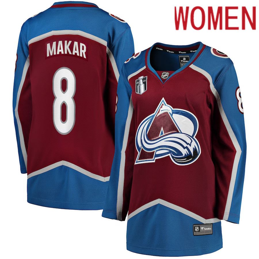 Women Colorado Avalanche 8 Cale Makar Fanatics Branded Burgundy Home 2022 Stanley Cup Final Breakaway Player NHL Jersey